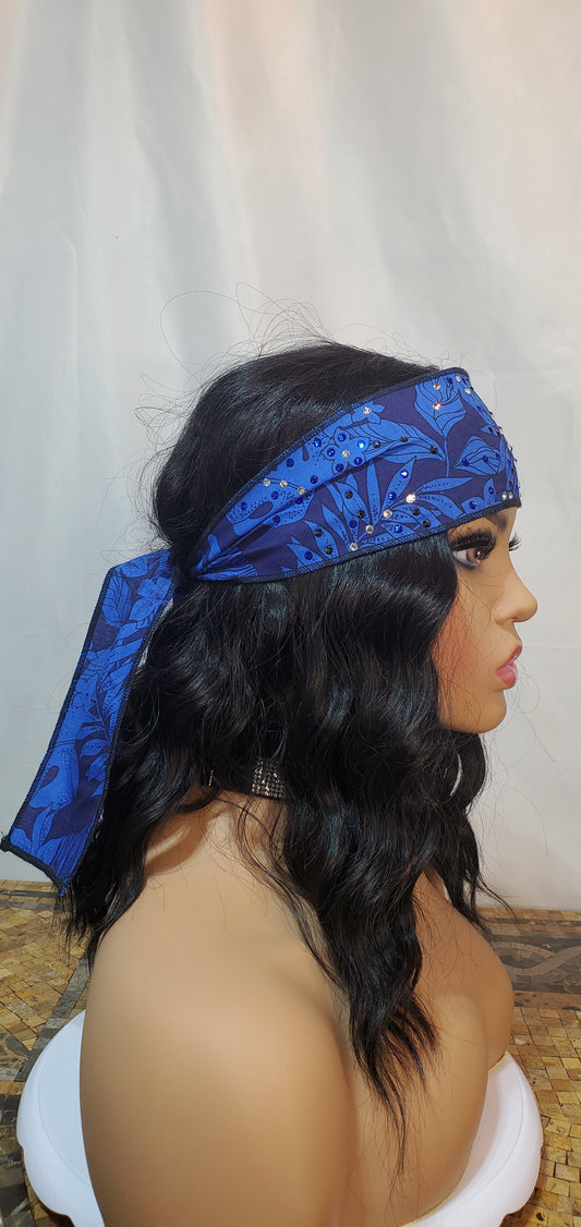 Dark Blue Jungle Leaves Headband Strip with Blue, Diamond Clear and Black Swarovski Crystals (Sku5559)