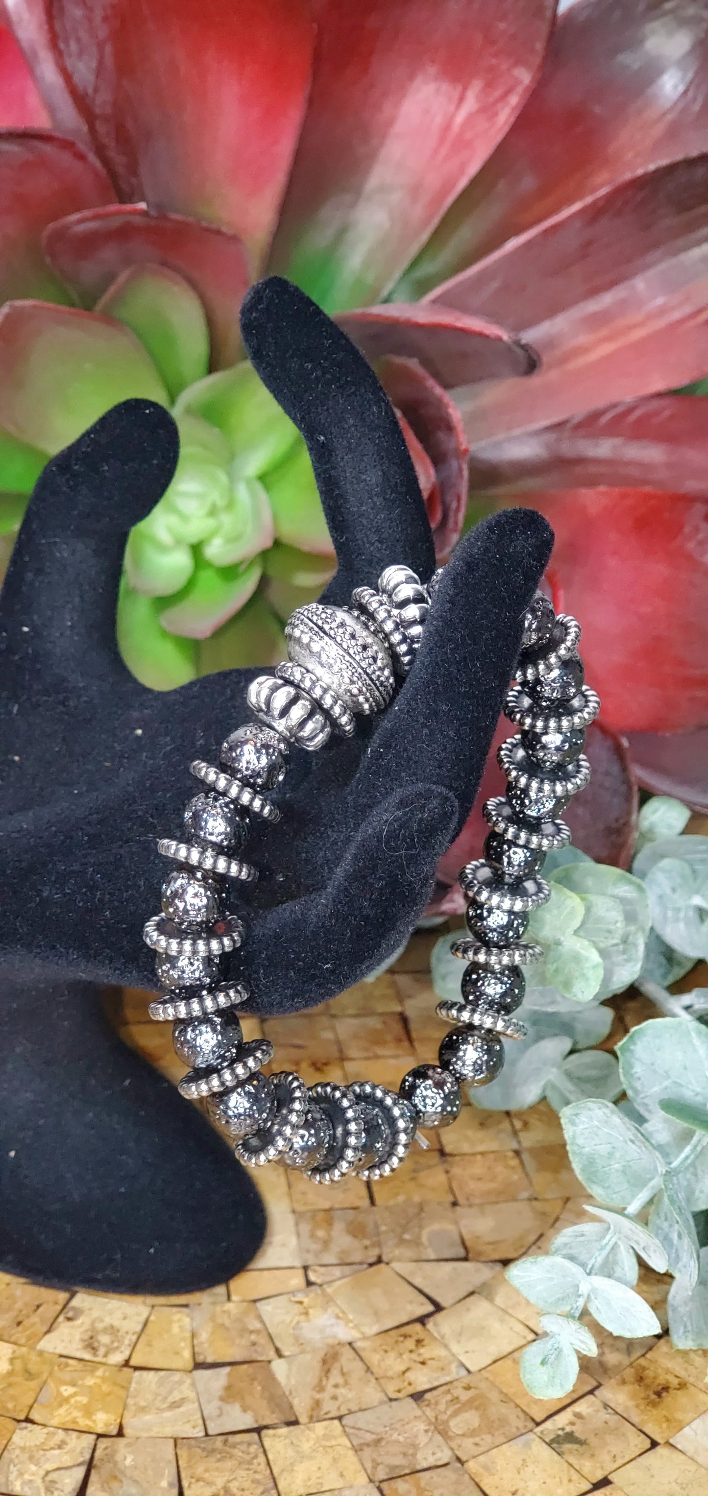Black Hematite and Silver Colored Beaded Bracelet (Sku8362)