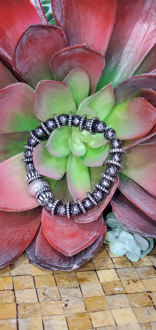 Black Hematite and Silver Colored Beaded Bracelet (Sku8362)