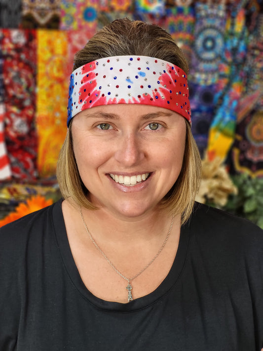 Narrow Red, White and Blue Tie-Dye Bandana with Red, Blue and Diamond Clear Austrian Crystals (Sku1161)