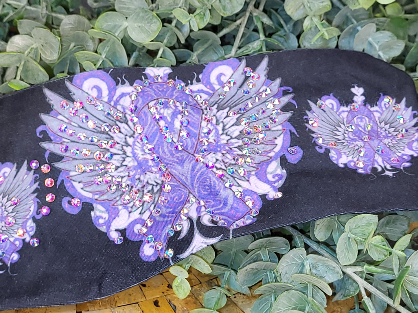 Stretchy Headband Purple Ribbon with Wings with Aurora Borealis Crystals (Sku5265)