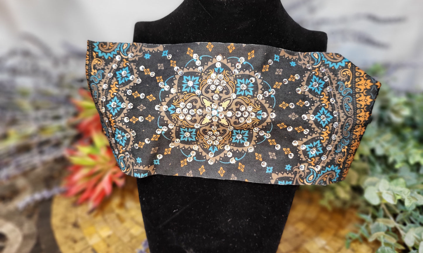 Black, Turquoise & Taupe Stretchy Headband With Clear Crystals (Sku5280)