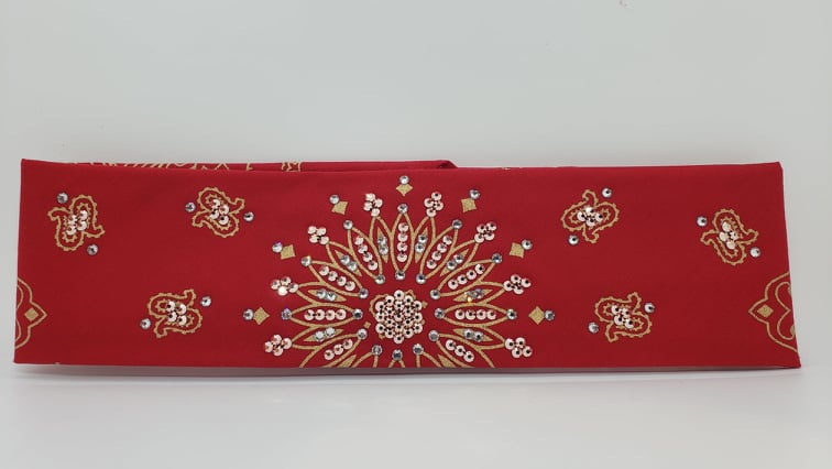 Gold Paisley on Red with Diamond Clear and Rose Gold Austrian Crystals (Sku2046)