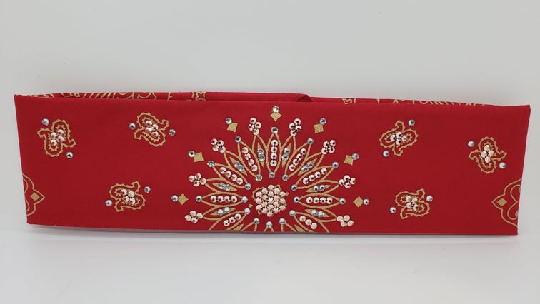 Gold Paisley on Red with Diamond Clear and Rose Gold Austrian Crystals (Sku2046)