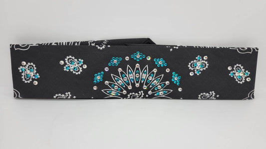 Narrow Black Paisley Bandana with Bright Blue and Diamond Clear Austrian Crystals (Sku2089)