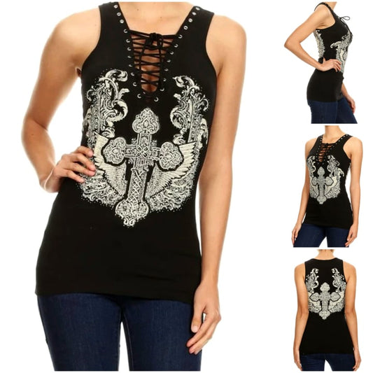 Black Tank Top Cross with Wings