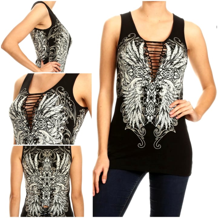 Feather Angel Wing Cross on Deep Braided V-neck Tank Top