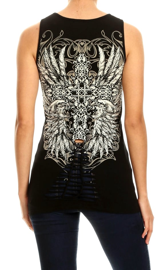 Feather Angel Wing Cross on Deep Braided V-neck Tank Top