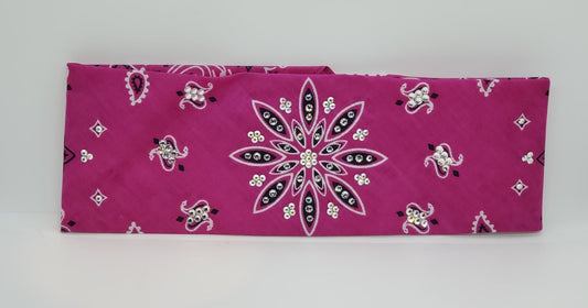 Fuchsia Large Flower Paisley Bandana with Aurora Borealis and Diamond Clear Austrian Crystals (Sku2492)