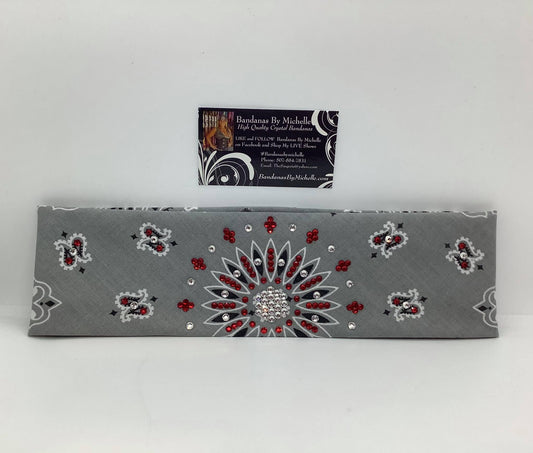 Silver Paisley Bandana with Red and Diamond Clear Austrian Crystals (Sku2501)