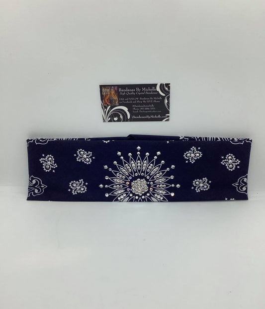 Navy Blue Paisley Bandana with Diamond Clear Austrian Crystals (Sku2504)