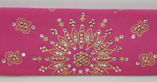 Gold Paisley on Pink Bandana with Rose Gold and Diamond Clear Austrian Crystals (Sku2507)