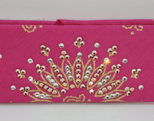 Narrow Gold Paisley on Pink Bandana with Rose Gold and Diamond Clear Austrian Crystals (Sku2508)