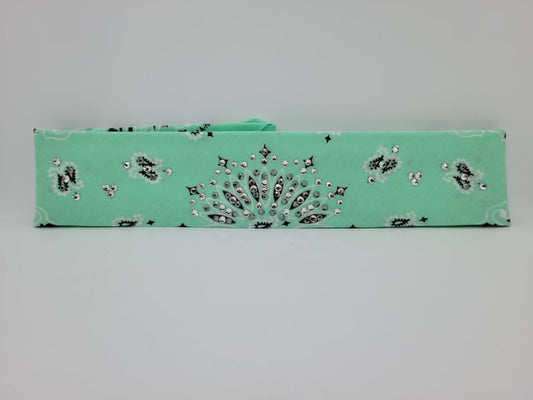 Narrow Mint Paisley Bandana with Black and Diamond Clear Austrian Crystals (Sku2521)