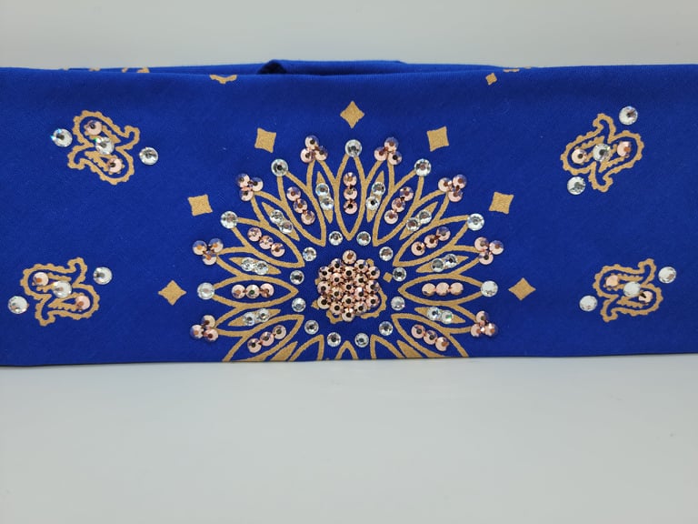 Gold on Blue Paisley with Rose Gold and Diamond Clear Austrian Crystals (Sku2526)
