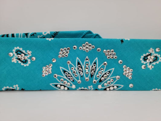 Narrow Light Teal Paisley Bandana with Diamond Clear Austrian Crystals (Sku2528)