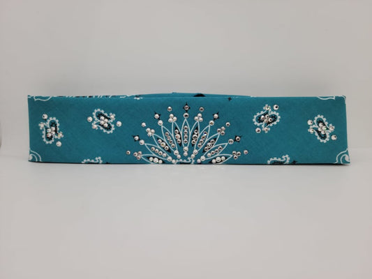 Narrow Dark Teal Paisley Bandana with Diamond Clear Austrian Crystals (Sku2531)