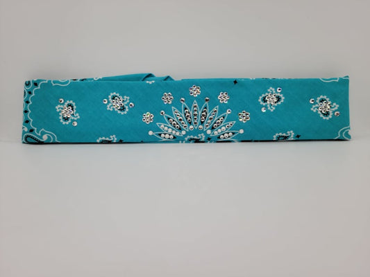 Narrow Light Teal Paisley Bandana with Diamond Clear Austrian Crystals (Sku2534)