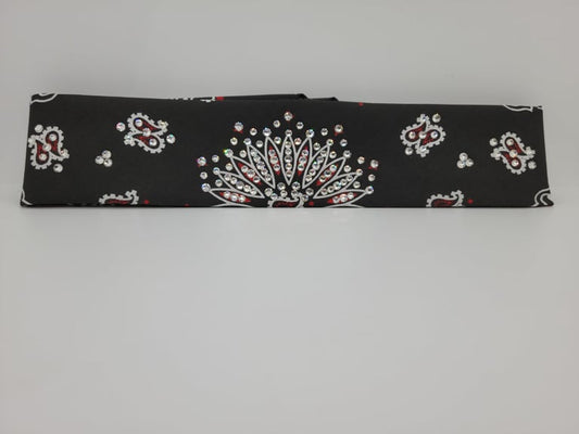 Narrow Red on Black Paisley Bandana with Diamond Clear Austrian Crystals (Sku2544)