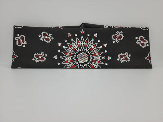 Red on Black Paisley Bandana with Diamond Clear Austrian Crystals (Sku2545)