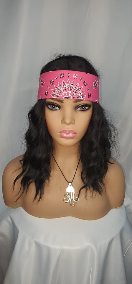 Narrow Bright Pink Paisley Bandana with Rose and Diamond Clear Austrian Crystals (Sku2546)