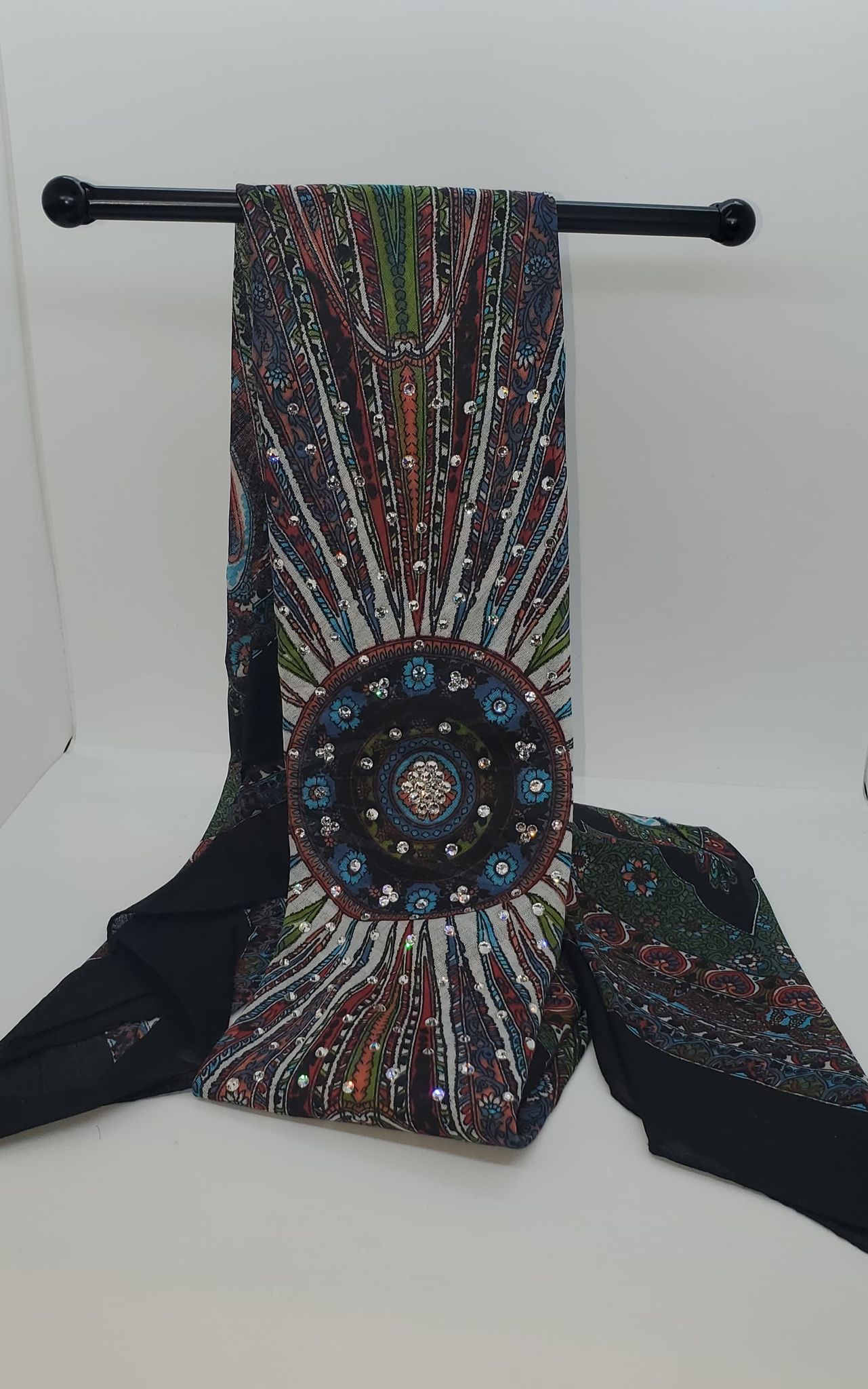 Long Black Feather Multi Colored Scarf with Diamond Clear Austrian Crystals (Sku3035)