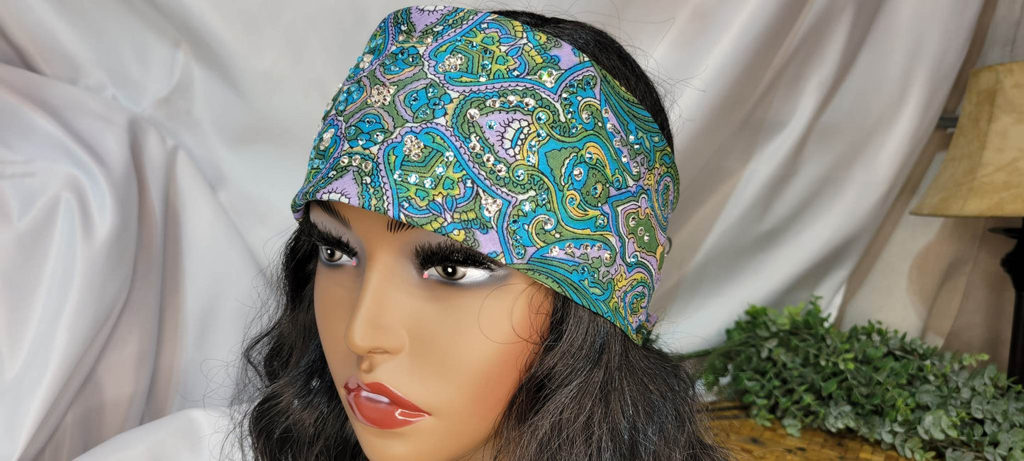 Long Scarf Lavender, Turquoise and Olive Green with Aqua and Diamond Austrian Crystals (Sku3067)