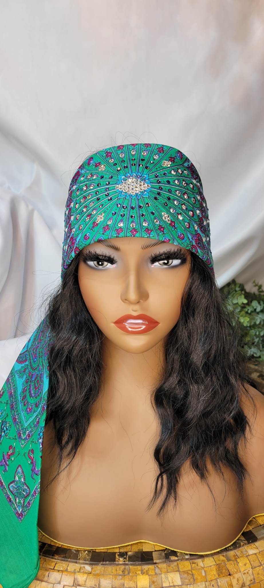 Long Emerald Green Scarf with Lavender and Diamond Clear Austrian Crystals (Sku3068)