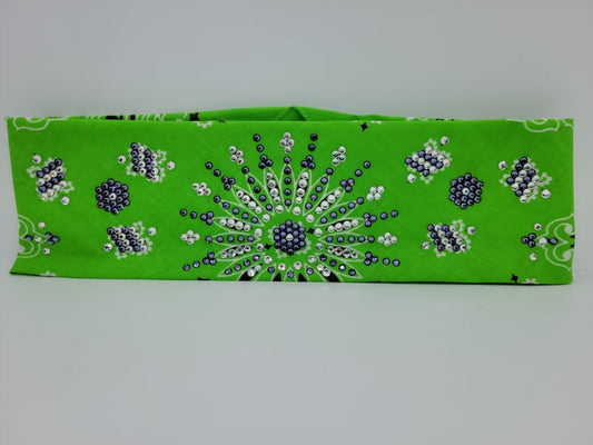 LeeAnnette Lime Green Paisley Bandana with Lavender and Clear Crystals (4060)