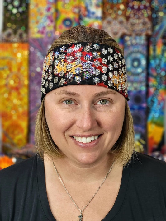 Super LeeAnnette Red and Yellow Flowers Bandana with Black and Diamond Clear Austrian Crystals (sku4114)