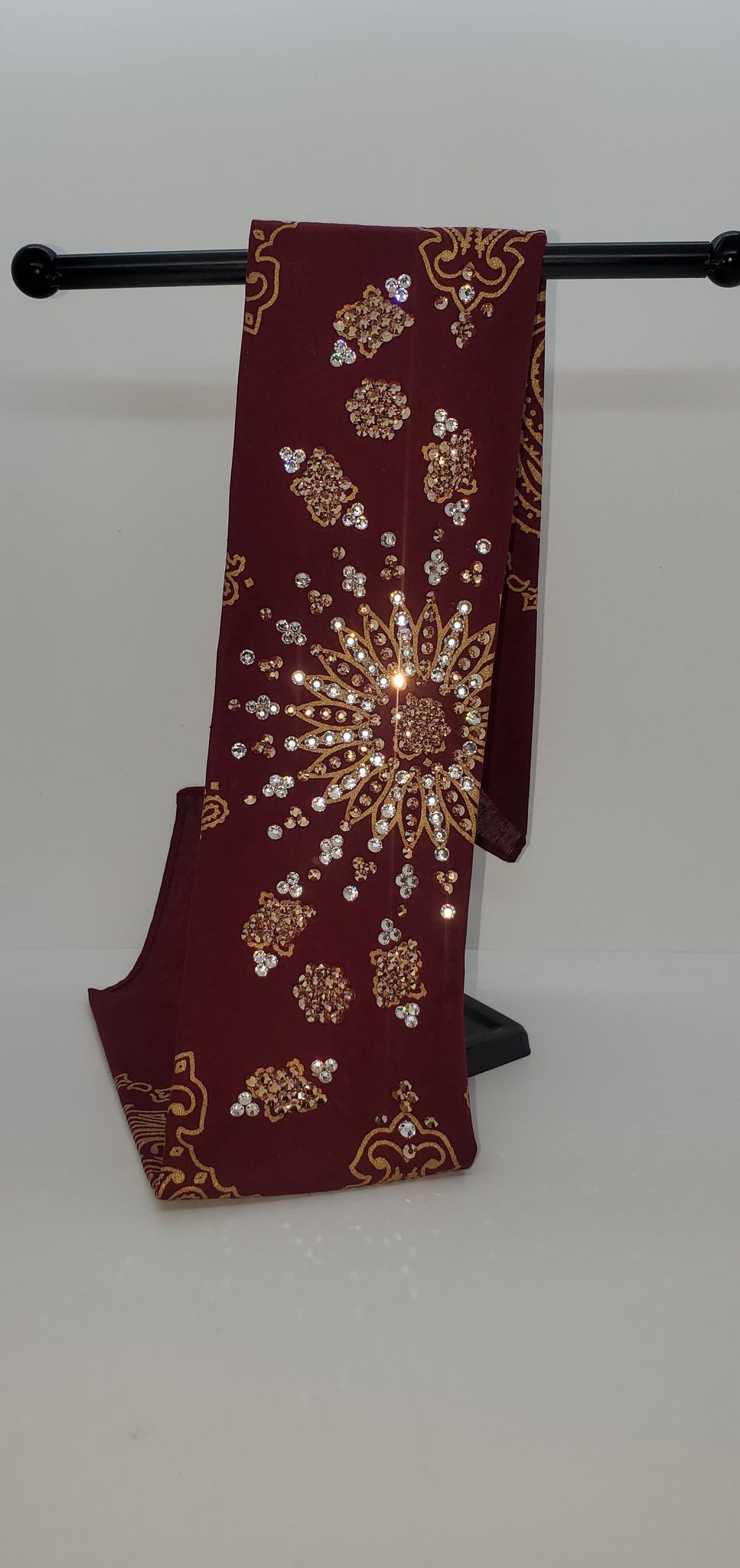 LeeAnnette Gold Paisley on Maroon with Rose Gold and Diamond Clear Crystals (Sku4370)