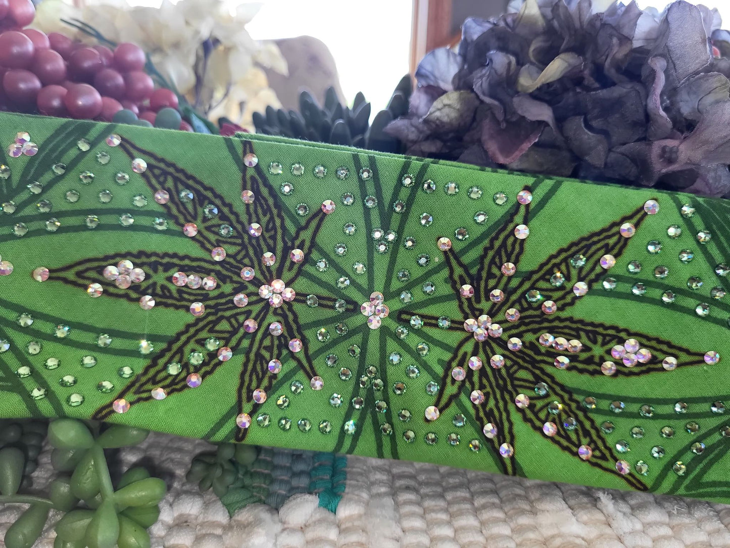 LeeAnnette Hemp Leaves with Aurora Borealis and Peridot Austrian Crystals (sku4454)