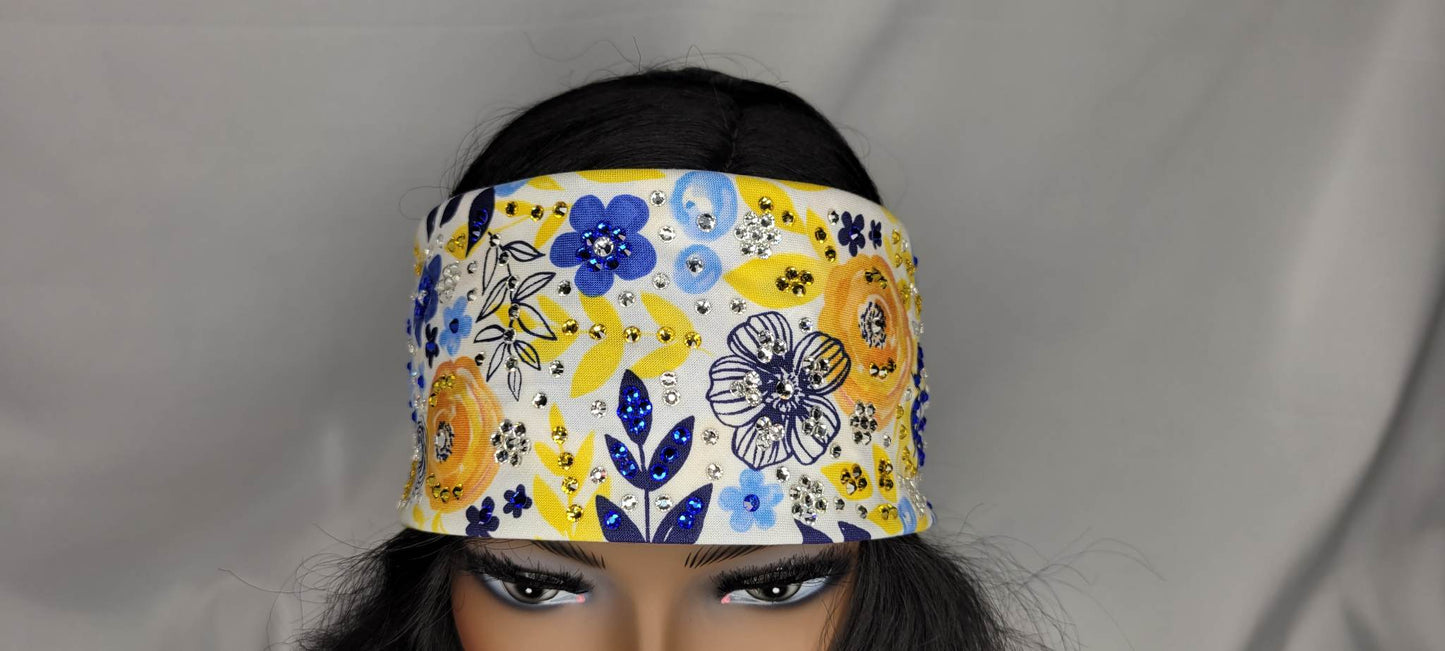 LeeAnnette Blue and Yellow Flowers with Blue, Yellow and Diamond Clear Austrian Crystals