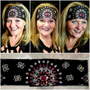 EXTRA BLING - Black Paisley With Fuchsia and Diamond Clear Austrian Crystals (Sku4604)