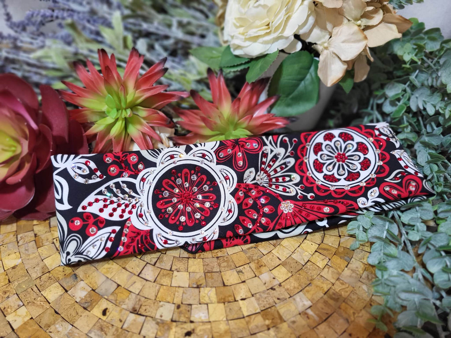 LeeAnnette Red and Black Flowers with Red, Black and Diamond Clear Austrian Crystals (Sku4920)