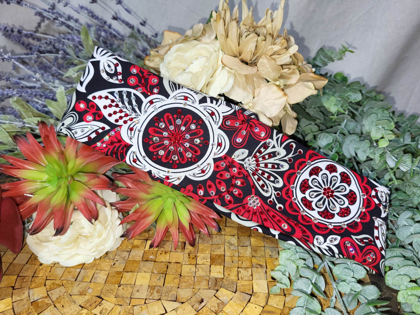 LeeAnnette Red and Black Flowers with Red, Black and Diamond Clear Austrian Crystals (Sku4920)