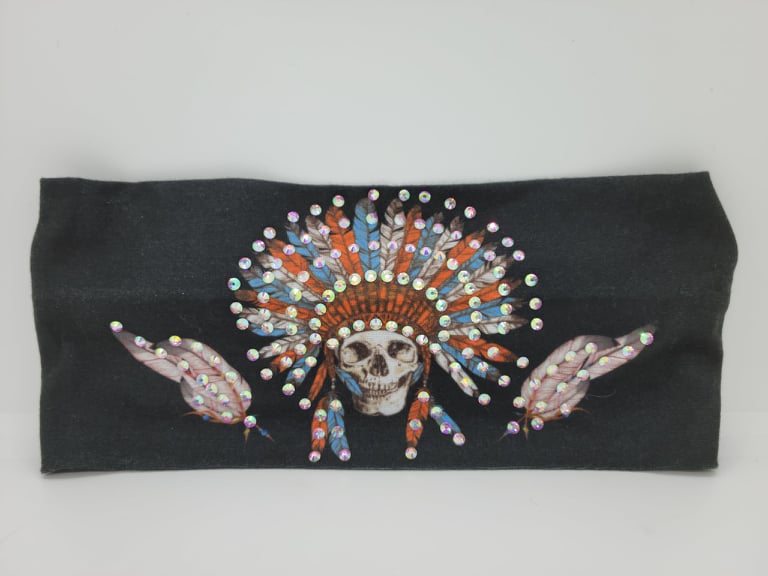Stretchy Headband Indian Skull with headdress with Aurora Borealis Crystals (Sku5152)