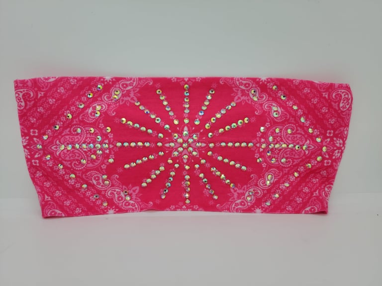 Stretchy Headband Bright Pink Paisley with Aurora Borealis Crystals (Sku5158)