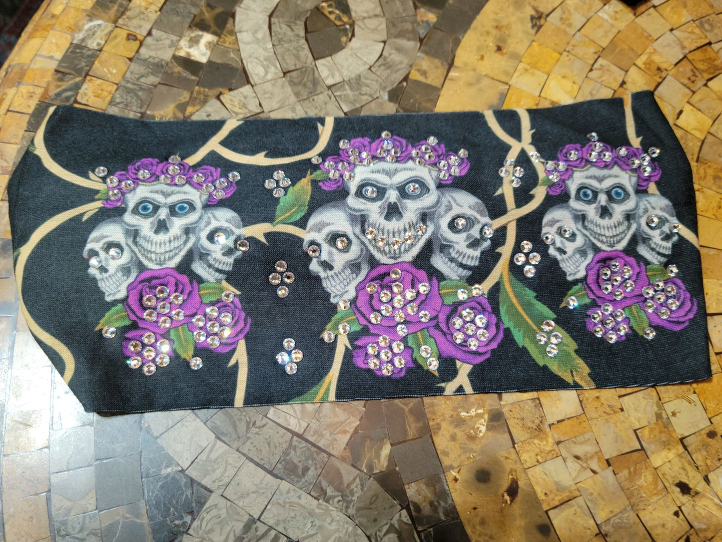 Stretchy Headband Skulls with Purple Roses with Diamond Clear Crystals (Sku5200)