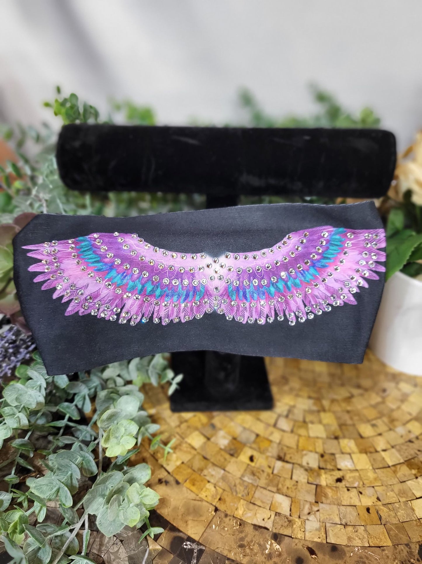 Stretchy Headband Purple Wings with Diamond Clear Crystals (Sku5239)