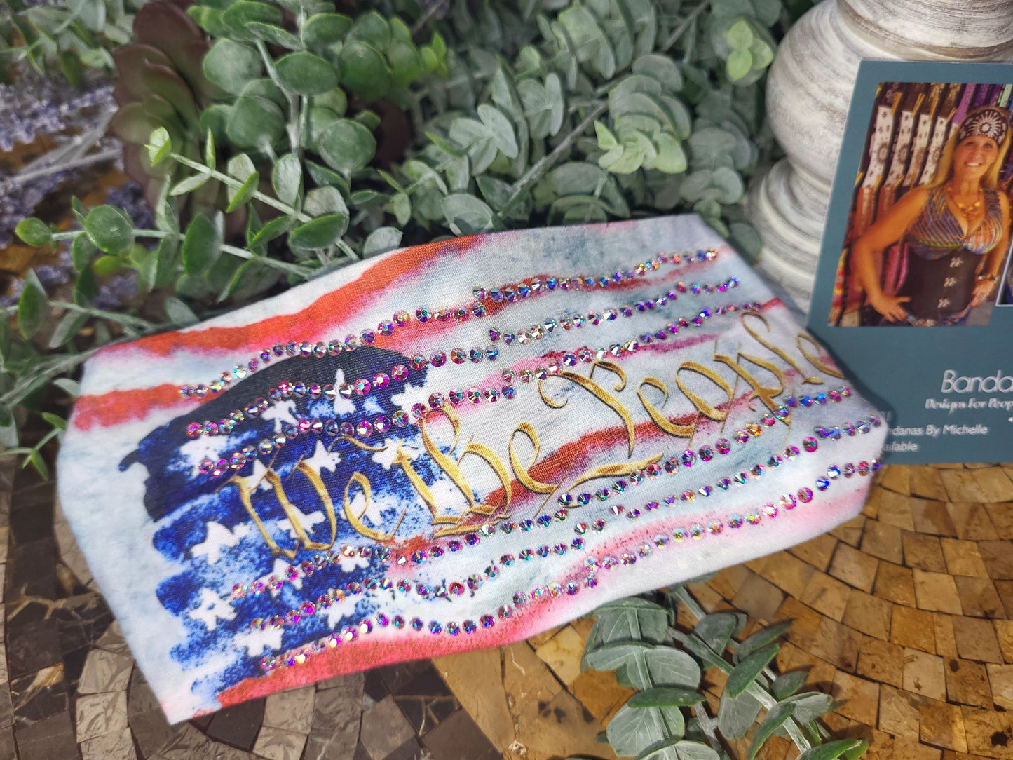 Stretchy Headband We The People with Aurora Borealis Crystals (Sku5256)