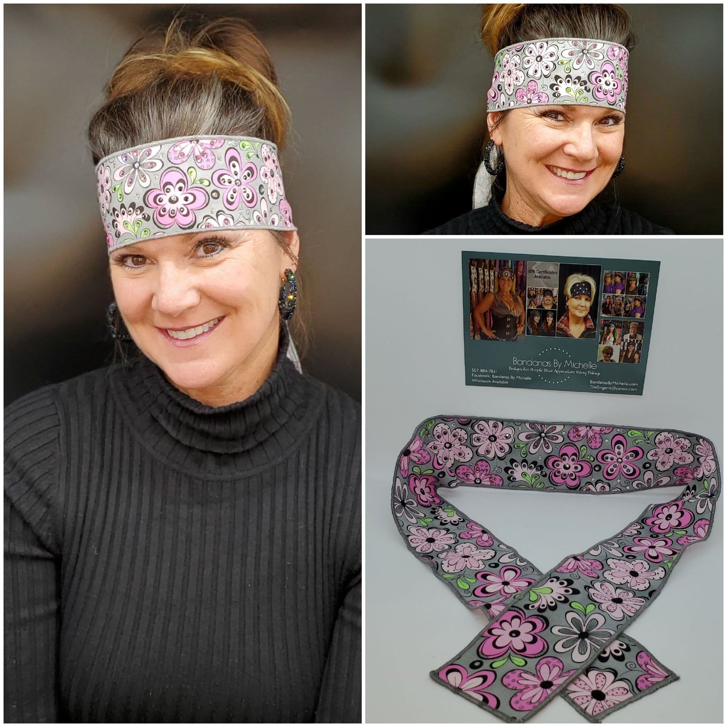 Pink Flowers on Gray Headband Strip with Black, Pink, Green and Diamond Clear Swarovski Crystals (Sku5506)