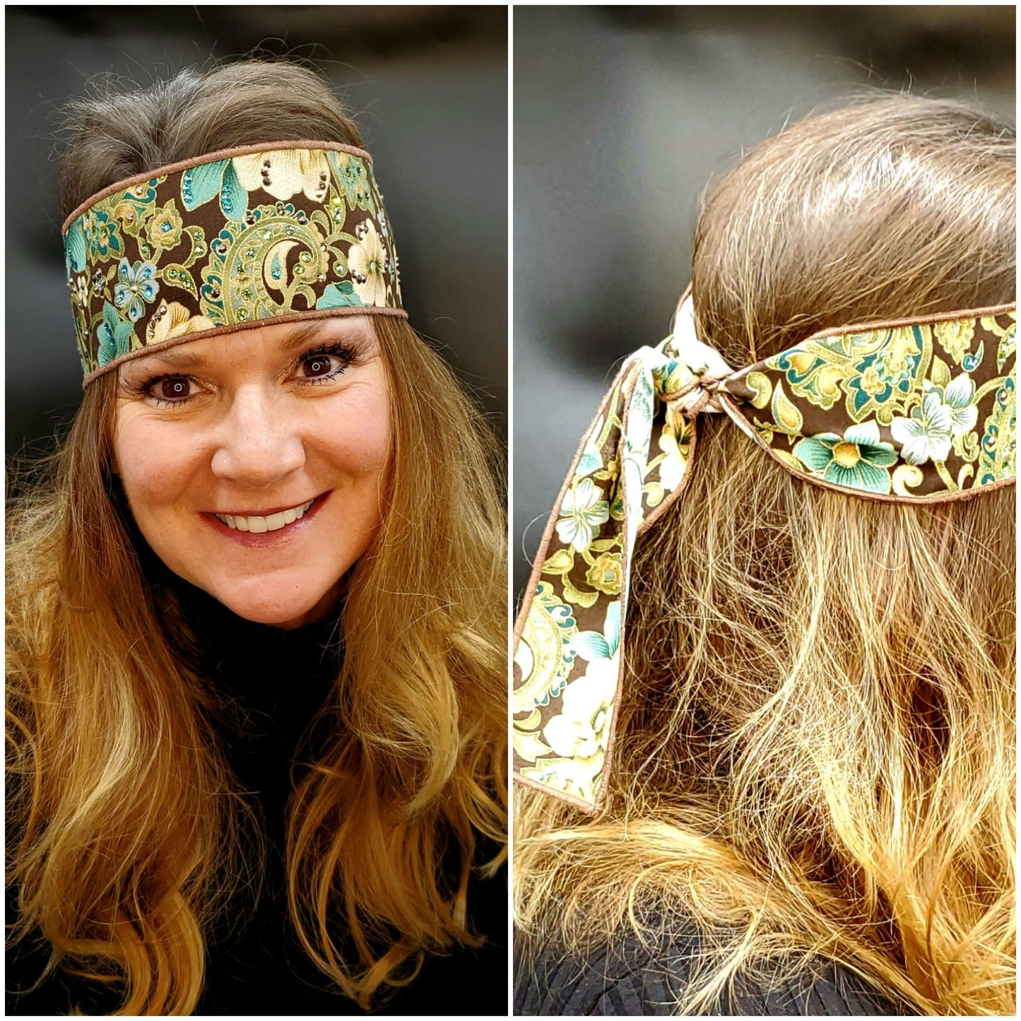 Turquoise and Cream Flowers Headband Strip with Turquoise, Green and Rose Gold Swarovski Crystals (Sku5511)