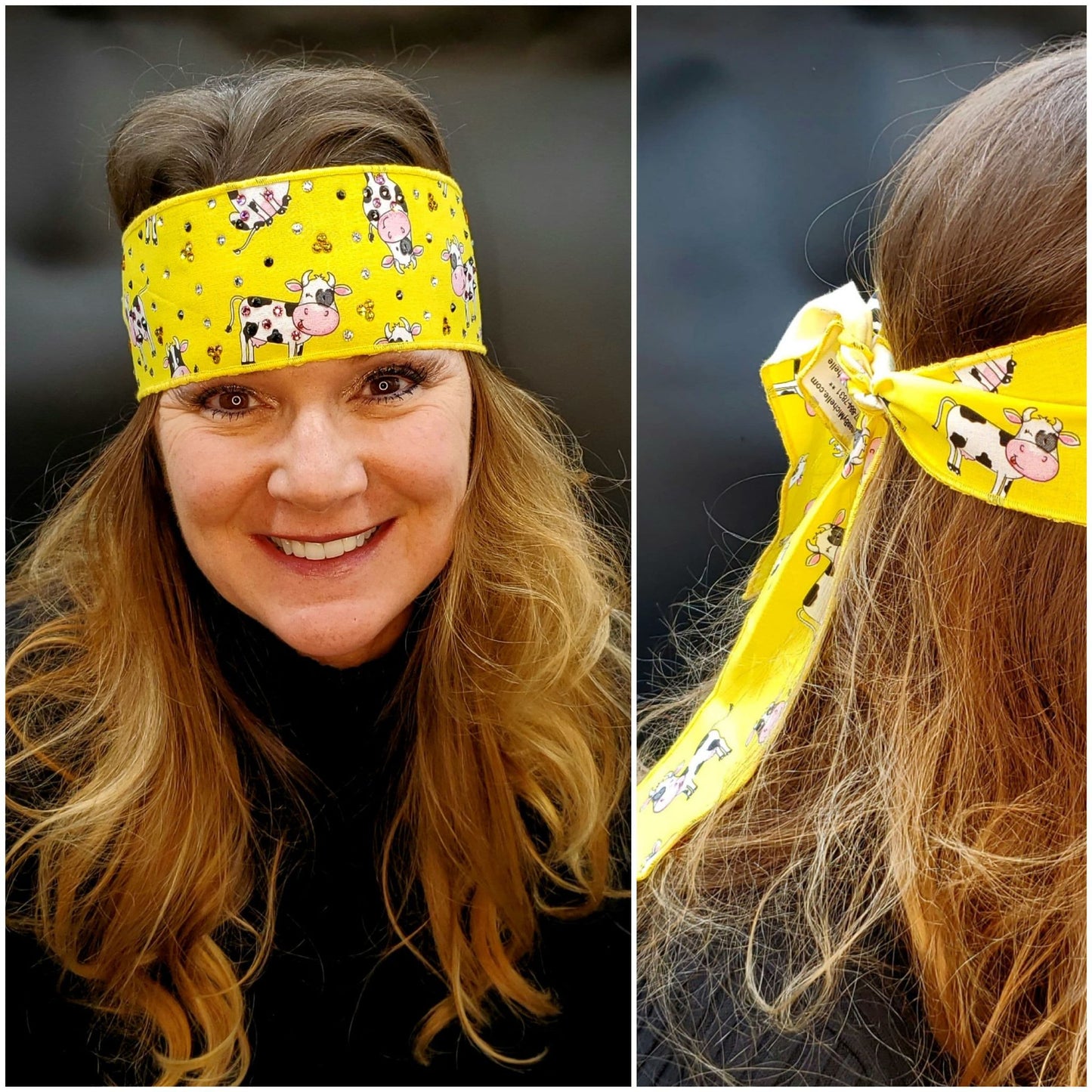Cows on Yellow Headband Strip with Black, Yellow and Diamond Clear Austrian Crystals (Sku5512)