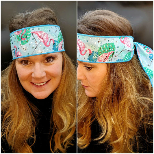 Flamingo Headband Strip with Turquoise, Pink, Light Green and Diamond Clear Swarovski Crystals (Sku5513)