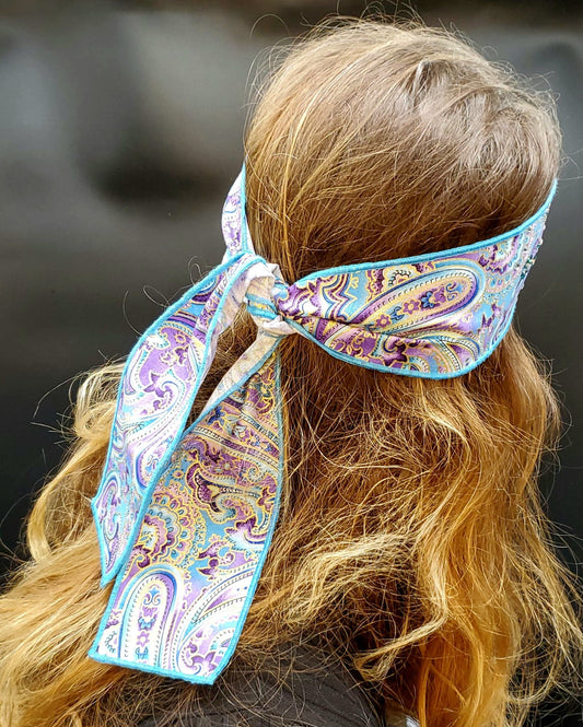 Purple and Gold Paisley Headband Strip with Turquoise and Diamond Clear Swarovski Crystals (Sku5520)