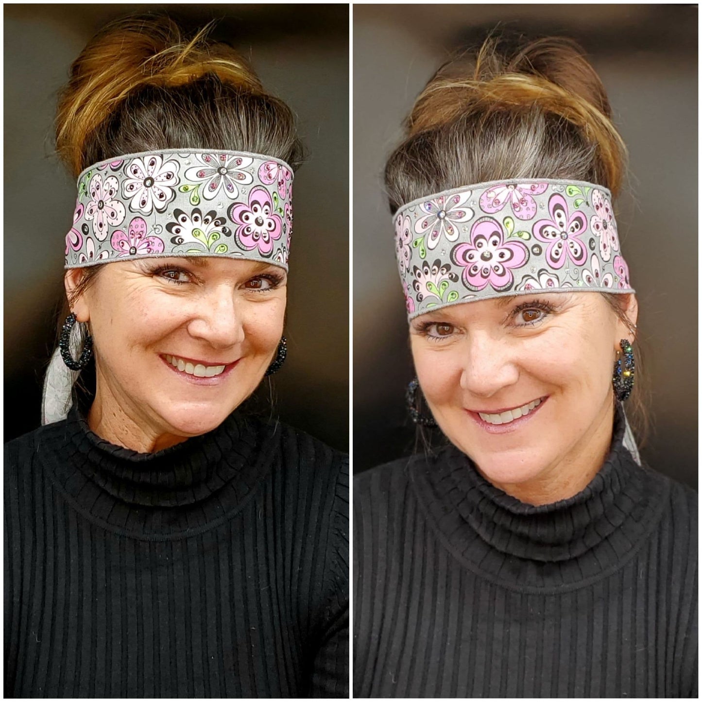 Pink Flowers on Gray Headband Strip with Black, Pink, Green and Diamond Clear Swarovski Crystals (Sku5506)