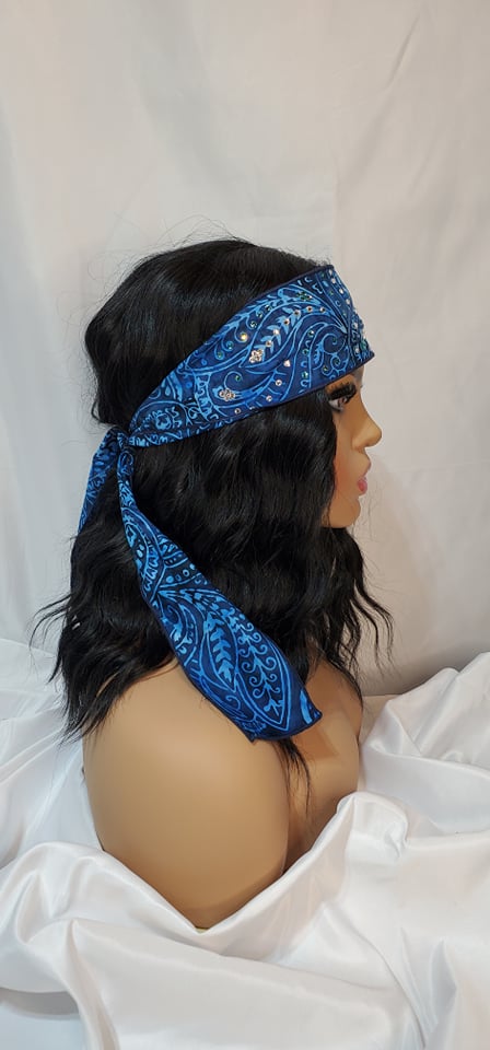 Turquoise and Blue Batik Headband Strip with Turquoise and Diamond Clear Austrian Crystals (Sku5564)