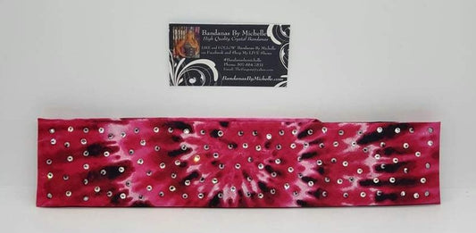 Narrow Pink and Black Tie Dye Bandana with Black and Diamond Clear Austrian Crystals (Sku6015)