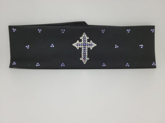 Cross Black Bandana with Lavender and Clear Austrian Crystals (Sku6040)